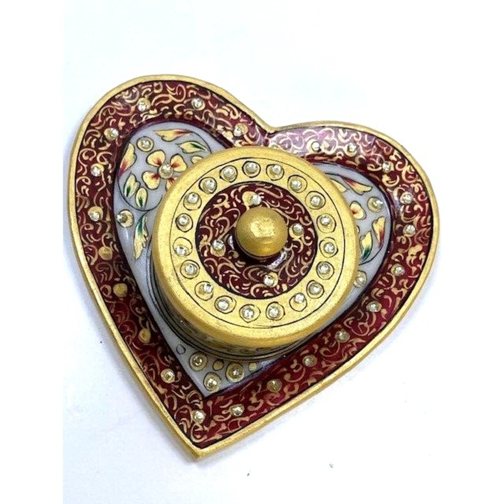 Vtg Valentine Indian Minakari Marble Sindoor Heart Shaped Plate‎ & Trinket Box